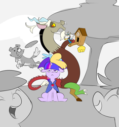 Size: 2010x2140 | Tagged: safe, artist:metal-kitty, imported from derpibooru, discord, twilight sparkle, winona, dog, draconequus, pony, unicorn, alternate universe, archmage, black and white, cloak, clock, clothes, cuckoo clock, discord being discord, female, fetch, frisbee, grayscale, height difference, male, mare, monochrome, time stop, tree, twilight is not amused, twilight sparkle is not amused, unamused, unicorn twilight, wizard