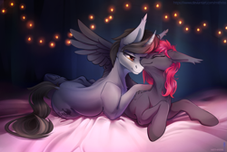 Size: 2625x1761 | Tagged: safe, artist:mithriss, imported from derpibooru, oc, oc only, pegasus, pony, unicorn, bed, cuddling, frog (hoof), light, lying down, nuzzling, prone, spread wings, string lights, underhoof, wings