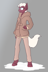 Size: 1859x2760 | Tagged: safe, artist:sneetymist, imported from derpibooru, oc, oc only, oc:lucky cream, anthro, earth pony, unguligrade anthro, clothes, female, fluffy, fluffy sweater, fur coat, hoodie, mare, pants, pom pom (clothes), simple background, solo, sweater, winter clothes, winter coat, winter outfit