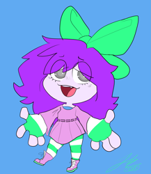 Size: 1219x1402 | Tagged: safe, artist:snoozledoodle, imported from derpibooru, oc, oc only, oc:mable syrup, human, arms wide open, blue background, boots, bow, clothes, deaf, dress, humanized, humanoid, purple hair, shoes, simple background, socks, solo, striped socks