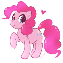 Size: 1280x1280 | Tagged: safe, artist:tayarinne, imported from derpibooru, pinkie pie, earth pony, pony, cute, diapinkes, female, heart, looking at you, mare, raised leg, simple background, smiling, solo, white background