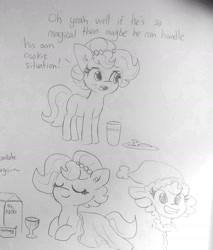Size: 1440x1693 | Tagged: safe, artist:tjpones, imported from derpibooru, oc, oc only, oc:brownie bun, earth pony, pony, horse wife, blanket, christmas, cookie, crumbs, drink, eggnog, eyes closed, female, food, glass, glass of milk, grayscale, hat, holiday, lying down, mare, milk, monochrome, pencil drawing, prone, santa hat, smiling, traditional art