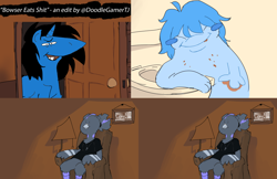 Size: 4976x3220 | Tagged: safe, artist:doodlegamertj, edit, imported from derpibooru, oc, avian, bird, ghost, pony, undead, unicorn, chair, donkey kong, door, frown, lamp, ness, painting, poop, recliner, smiley face, smiling, text, toilet
