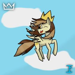 Size: 1080x1080 | Tagged: safe, artist:itzf1ker1, imported from derpibooru, oc, oc only, oc:prince whateverer, pegasus, pony, cloud, crown, flying, jewelry, male, one eye closed, regalia, sky, solo, stallion, wings, wink