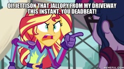 Size: 600x337 | Tagged: safe, edit, edited screencap, imported from derpibooru, screencap, sci-twi, sunset shimmer, twilight sparkle, equestria girls, friendship games, angry, caption, ducktales, ducktales 2017, exploitable meme, image macro, meme, memeful.com, scrooge mcduck, sunset yells at twilight, text