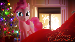 Size: 1920x1080 | Tagged: safe, artist:weedy, imported from derpibooru, pinkie pie, pony, 3d, blender, christmas, christmas tree, cute, diapinkes, fireplace, holiday, present, tree