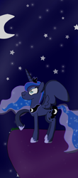 Size: 1080x2460 | Tagged: safe, artist:crossovercartoons, imported from derpibooru, princess luna, alicorn, pony, dark background, looking up, luna day, moon, mountain top, night, princess, smiling, solo, stars
