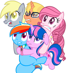 Size: 650x702 | Tagged: safe, artist:muhammad yunus, artist:tanahgrogot, imported from derpibooru, derpy hooves, rainbow dash, oc, oc:annisa trihapsari, oc:hsu amity, oc:rainbow eevee, oc:succulant holp, alicorn, earth pony, eevee, pegasus, pony, unicorn, dragonshy, base used, derp, female, gift art, glasses, horror, horror story, hug, lil miss aelita, lil-miss aelita, mare, open mouth, pokémon, scared, scary, siblings, sisters, teeth, vector, watch