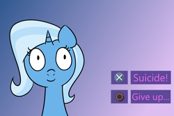Size: 3000x2000 | Tagged: source needed, safe, artist:captaincontent, imported from derpibooru, trixie, pony, bust, dark, implied suicide, looking at you, solo, suicide, video game