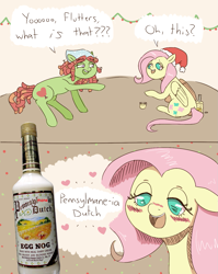 Size: 985x1235 | Tagged: safe, artist:archego-art, artist:tilling-tan, imported from derpibooru, fluttershy, tree hugger, pony, alcohol, blushing, christmas, dialogue, drawthread, drunk, drunkershy, egg nog, go home you're drunk, hat, heart, holiday, pun, santa hat