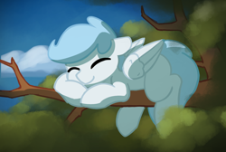 Size: 1418x952 | Tagged: safe, artist:masserey, imported from derpibooru, oc, oc only, oc:file folder, pegasus, pony, cute, horsin' around, in a tree, sleeping, smiling, solo, tree, tree branch