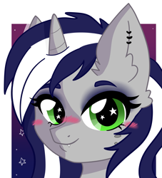 Size: 3541x3904 | Tagged: safe, artist:copster, imported from derpibooru, oc, oc only, oc:starlit nightcast, pony, unicorn, blushing, cute, ear fluff, ear piercing, earring, female, gradient background, jewelry, looking at you, mare, piercing, solo, sparkles, starry eyes, wingding eyes