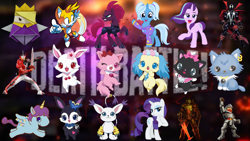 Size: 1280x720 | Tagged: safe, artist:mega-poneo, imported from derpibooru, rarity, starlight glimmer, tempest shadow, trixie, gatomon, pony, unicorn, alternate hairstyle, babysitter trixie, clothes, death battle, dian, diana (jewelpet), digimon, doom guy, doom slayer, exploitable meme, female, garnet (jewelpet), hoodie, jewelpet, kamen rider, kamen rider saber, king olly, luea, mare, meme, miles "tails" prower, opal (jewelpet), ruby (jewelpet), sapphie, sir arthur, sonic the hedgehog (series), spawn, vector