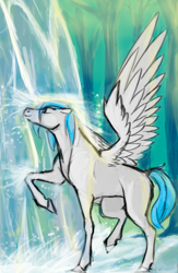 Size: 2210x3388 | Tagged: safe, artist:thebreadphones, imported from derpibooru, oc, oc only, oc:file folder, pegasus, pony, blank flank, eyes closed, forest, hoers, solo, spread wings, waterfall, waterfall shower, wings