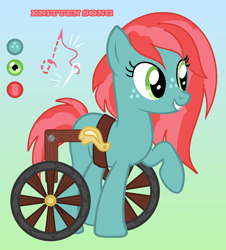 Size: 1556x1718 | Tagged: safe, artist:sir-psych0-s3xy, imported from derpibooru, oc, oc only, oc:knitten song, earth pony, pony, base used, female, freckles, gradient background, mare, offspring, parent:applejack, parent:caramel, parents:carajack, reference sheet, solo, wheelchair