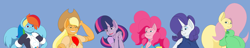 Size: 3400x650 | Tagged: safe, artist:two-ton-neko, imported from derpibooru, applejack, fluttershy, pinkie pie, rainbow dash, rarity, twilight sparkle, alicorn, anthro, earth pony, pegasus, unicorn, big ears, big hair, blue background, breasts, busty fluttershy, busty rarity, digital art, looking at each other, looking at you, looking up, mane six, simple background, wings