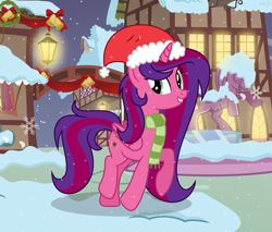 Size: 2000x1700 | Tagged: safe, artist:darbypop1, imported from derpibooru, oc, oc only, oc:alyssa rice, alicorn, pony, christmas, clothes, female, hat, holiday, mare, santa hat, scarf, solo