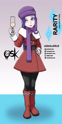 Size: 984x1951 | Tagged: safe, alternate version, artist:oldskullkid, imported from derpibooru, part of a set, rarity, human, equestria girls, alcohol, boots, champagne, champagne glass, christmas, clothes, coat, female, glass, gradient background, hat, holiday, human coloration, humanized, leggings, scarf, shoes, solo, wine, wine glass, winter outfit