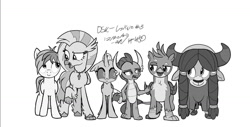 Size: 1176x596 | Tagged: safe, artist:johnerose126, imported from derpibooru, gallus, ocellus, sandbar, silverstream, smolder, yona, changedling, changeling, classical hippogriff, dragon, earth pony, griffon, hippogriff, pony, yak, cloven hooves, dragoness, female, male, student six