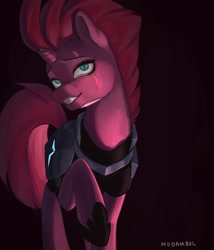 Size: 1700x1985 | Tagged: dead source, safe, artist:nodambol, imported from derpibooru, tempest shadow, pony, unicorn, armor, broken horn, female, horn, looking at you, mare, scar on the wrong side, slasher smile, smiling, solo