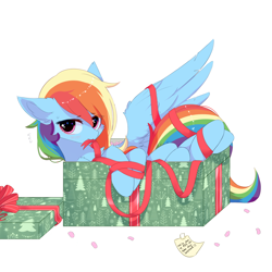 Size: 1500x1500 | Tagged: safe, artist:heddopen, imported from derpibooru, rainbow dash, pegasus, pony, adorasexy, blushing, box, christmas, cute, dashabetes, ear fluff, eyelashes, featured image, female, holiday, hooves, if i fits i sits, looking at you, mane, mare, mouth hold, note, pony in a box, present, ribbon, sexy, simple background, solo, spread wings, stuck, stupid sexy rainbow dash, sweet dreams fuel, tail, white background, wing fluff, wings