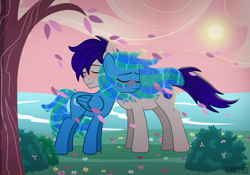 Size: 1200x842 | Tagged: safe, artist:jennieoo, imported from derpibooru, oc, oc:maverick, oc:ocean soul, earth pony, elemental, pegasus, pony, cherry blossoms, cloud, field, flower, flower blossom, hug, lake, show accurate, soulverick, sun, sunset, water mane