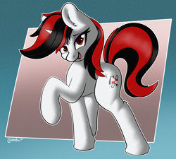 Size: 1854x1671 | Tagged: safe, artist:llametsul, imported from derpibooru, oc, oc only, oc:blackjack, pony, unicorn, fallout equestria, fallout equestria: project horizons, bedroom eyes, ear fluff, eyeshadow, fanfic art, female, horn, looking at you, makeup, mare, multicolored hair, raised hoof, raised leg, signature, simple background, small horn, smiling, solo