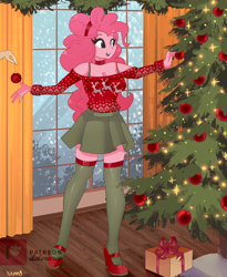 Size: 2316x2820 | Tagged: safe, artist:xjenn9, imported from derpibooru, pinkie pie, equestria girls, choker, christmas, christmas lights, christmas sweater, christmas tree, clothes, cozy, high heels, high res, holiday, ornament, present, shoes, smiling, snow, snowfall, solo focus, stockings, sweater, thigh highs, tree, winter