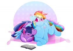 Size: 1860x1288 | Tagged: safe, artist:solarsani, imported from derpibooru, rainbow dash, twilight sparkle, alicorn, pegasus, pony, blushing, book, cuddling, ear blush, eyes closed, female, hug, lesbian, lying down, mare, pillow, shipping, sleeping, twidash, twilight sparkle (alicorn), winghug