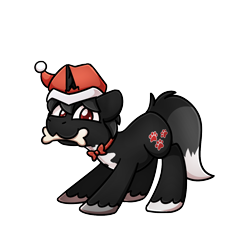 Size: 1240x1240 | Tagged: safe, artist:sugar morning, imported from derpibooru, oc, oc only, oc:dog whisperer, pony, unicorn, bone, bowtie, christmas, clothes, fluffy tail, hat, holiday, horn, looking at you, male, mouth hold, nom, playful, red eyes, red pupils, santa hat, simple background, solo, stallion, torn clothes, transparent background, unshorn fetlocks