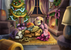 Size: 1700x1202 | Tagged: safe, artist:tarkron, imported from derpibooru, applejack, discord, fluttershy, pinkie pie, rainbow dash, rarity, twilight sparkle, draconequus, earth pony, pegasus, pony, unicorn, armchair, chair, christmas, christmas lights, christmas tree, cuddle puddle, cuddling, cute, dashabetes, diapinkes, eyes closed, fire, fireplace, holiday, hooves to the chest, indoors, jackabetes, looking at something, lying down, mane six, nap, on back, on the floor, open mouth, picture frame, pony pile, present, prone, raribetes, shyabetes, sleeping, smiling, tongue out, tree, twiabetes, weapons-grade cute