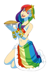 Size: 475x693 | Tagged: safe, artist:zoe-productions, imported from derpibooru, rainbow dash, human, the best night ever, apple, apple pie, belly button, bocas top, clothes, dress, food, gala dress, grand galloping gala, humanized, legs, midriff, pie, rainbow dash always dresses in style, side slit, simple background, skimpy outfit, solo, toga, transparent background