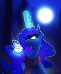 Size: 1108x1341 | Tagged: safe, artist:anticular, imported from derpibooru, princess luna, alicorn, pony, clothes, cup, eating, female, glowing horn, horn, magic, mare, moon, night, one eye closed, scarf, smiling, solo, spoon, telekinesis, winter solstice