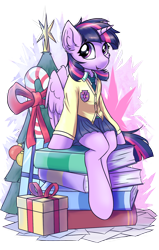 Size: 1400x2200 | Tagged: safe, artist:ravistdash, imported from derpibooru, twilight sparkle, alicorn, semi-anthro, book, candy, candy cane, cheek fluff, christmas, christmas tree, clothes, cute, cutie mark, cutie mark background, ear fluff, food, friendship student, holiday, horn, merry christmas, necktie, paper, present, school uniform, simple background, sitting, skirt, solo, stars, sweater, transparent background, tree, twiabetes, twilight sparkle (alicorn), wings