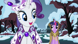 Size: 1920x1080 | Tagged: safe, imported from derpibooru, screencap, clover the clever, princess platinum, rarity, twilight sparkle, pony, unicorn, hearth's warming eve (episode), clothes, dress, female, mare