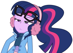 Size: 4056x2956 | Tagged: safe, artist:sketchmcreations, imported from derpibooru, sci-twi, twilight sparkle, equestria girls, equestria girls series, holidays unwrapped, spoiler:eqg series (season 2), blizzard or bust, clothes, coat, crooked glasses, earmuffs, fallen, female, glasses askew, narrowed eyes, on the floor, scarf, sci-twi is not amused, simple background, solo, transparent background, unamused, vector