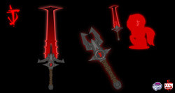 Size: 4577x2460 | Tagged: safe, artist:isaac_pony, imported from derpibooru, oc, oc:shainer shrapnel shock, unicorn, black background, crucible blade, doom, doom equestria, doom eternal, female, logo, red, reference, show accurate, silhouette, simple background, sword, vector, weapon