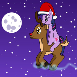 Size: 1280x1280 | Tagged: safe, artist:platinumdrop, imported from derpibooru, twilight sparkle, deer, pony, reindeer, unicorn, christmas, flying, hat, holiday, magic, moon, night, request, riding, rudolph the red nosed reindeer, santa hat, stars, unicorn twilight