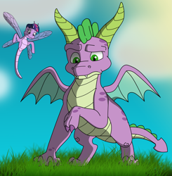 Size: 2425x2472 | Tagged: safe, artist:faitheverlasting, imported from derpibooru, spike, twilight sparkle, dragon, dragonfly, insect, crossover, species swap, spike as spyro, spyro the dragon, spyro the dragon (series)