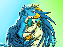 Size: 1250x918 | Tagged: safe, artist:roxasfin, imported from derpibooru, gallus, sandbar, earth pony, griffon, pony, gallbar, gay, hug, interspecies, male, shipping, snuggling