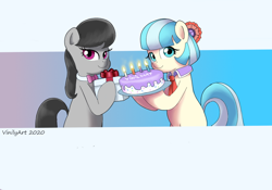 Size: 872x612 | Tagged: safe, artist:vinilyart, imported from derpibooru, coco pommel, octavia melody, earth pony, pony, cake, candle, duo, female, fire, food, mare, present