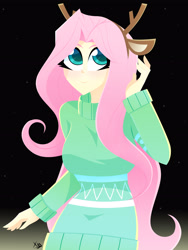 Size: 2448x3264 | Tagged: safe, artist:xan-gelx, imported from derpibooru, fluttershy, equestria girls, antlers, blushing, clothes, cute, fake ears, female, headband, reindeer antlers, shyabetes, smiling, sweater, sweatershy