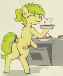 Size: 1229x1471 | Tagged: safe, artist:marsminer, imported from derpibooru, oc, oc only, oc:tangerine citrus, pony, baking, butt, chest fluff, dock, eyes closed, food, kitchen, mate, oven, patreon, patreon reward, pie, plot, smiling, solo