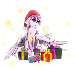 Size: 1103x1024 | Tagged: safe, artist:yuris, imported from derpibooru, oc, oc only, oc:flutter cat, pegasus, pony, chest fluff, christmas, hat, holiday, pegasus oc, present, santa hat, simple background, solo, white background