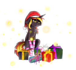 Size: 1103x1024 | Tagged: safe, alternate version, artist:yuris, imported from derpibooru, oc, oc only, oc:java, pony, unicorn, alternate character, chest fluff, christmas, clothes, hat, holiday, horn, present, santa hat, simple background, socks, solo, striped socks, unicorn oc, white background