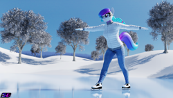 Size: 3840x2160 | Tagged: safe, artist:shadowboltsfm, imported from derpibooru, oc, oc:aurora starling, anthro, plantigrade anthro, 3d, 4k, blender, clothes, cute, eyelashes, glasses, ice, ice skating, jeans, not sfm, pants, reflection, smiling, snow, tree, winter