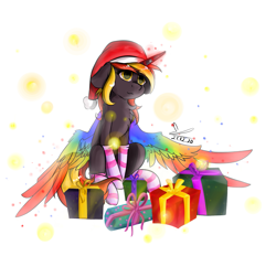 Size: 1103x1024 | Tagged: safe, alternate version, artist:yuris, imported from derpibooru, oc, oc only, oc:java, pony, unicorn, alternate character, chest fluff, christmas, clothes, colored wings, fake wings, floppy ears, hat, holiday, horn, multicolored wings, present, rainbow wings, santa hat, simple background, socks, solo, striped socks, unicorn oc, white background, wings