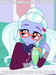 Size: 539x718 | Tagged: safe, edit, edited edit, edited screencap, imported from derpibooru, screencap, sugarcoat, dance magic, equestria girls, spoiler:eqg specials, accessories, accessory, beverage, bowtie, bronybait, caption, clothes, cropped, crystal prep academy uniform, drink, drinking straw, exclamation point, eyebrows, eyelashes, female, food, fruit, glasses, hairclip, hairpin, ice cream, impact font, indoors, inverted mouth, meme, milkshake, orange, ponytail, question, question mark, school uniform, shirt, smoothie, symbol, text, text edit, uniform