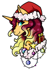 Size: 1024x1465 | Tagged: safe, artist:oneiria-fylakas, imported from derpibooru, oc, oc only, oc:sunrose, pony, unicorn, bust, christmas, female, hat, holiday, mare, portrait, santa hat, simple background, solo, transparent background