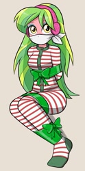 Size: 377x761 | Tagged: safe, artist:nivek15, edit, editor:thomasfan45, imported from derpibooru, lemon zest, human, equestria girls, arm behind back, bondage, bound and gagged, bow, button, christmas, cloth gag, clothes, cropped, cute, eyeshadow, female, femsub, footed sleeper, footie pajamas, gag, gift wrapped, headphones, holiday, lemonsub zest, looking at you, makeup, onesie, otn gag, over the nose gag, pajamas, ribbon, sleepwear, solo, submissive, tied up